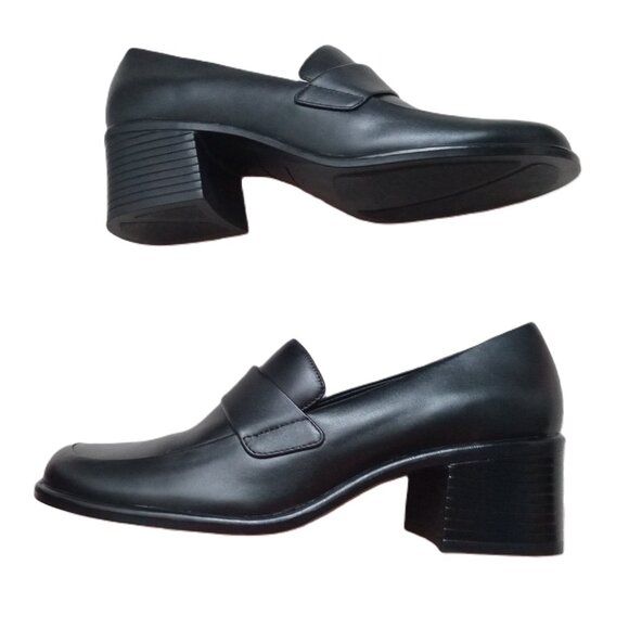 Women's Black Shoes Chunky Leather Square Toe Block Heels 2" Size 7 1/2 New - Picture 4 of 7